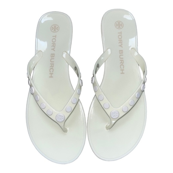Tory Burch Studded Logo Jelly Ivory White Thong Flip Flop Sandals Women's 7 - Picture 1 of 10
